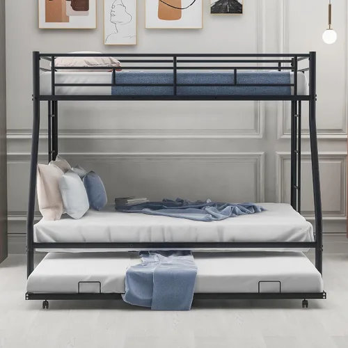 Miniatura 3 de Litera individual sobre cama matrimonial con nido, marco de cama de metal con escaleras de dos lados, no necesita caja de resortes, color negro