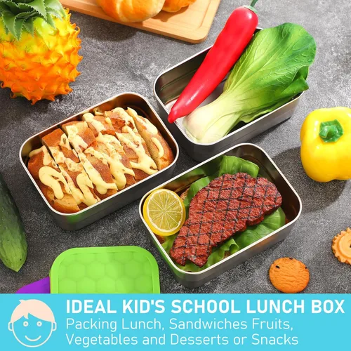 Miniatura 4 de Layhit 6 recipientes de acero inoxidable para niños, recipientes de almuerzo de 25 onzas con tapas de silicona para fugas, caja de aperitivos