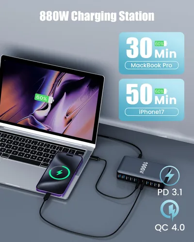 Miniatura 6 de Bloque de cargador USB C de 880 W, estación de carga USB C de 10 puertos GaN IV, estación de carga de múltiples puertos esenciales de viaje