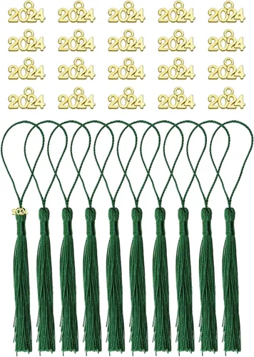Miniatura 12 de Tupalizy 10 mini borlas sedosas hechas a mano con 20 dijes del año 2024 para graduación, llavero, aretes, joyería, regalos de boda, recuerdos, Negro