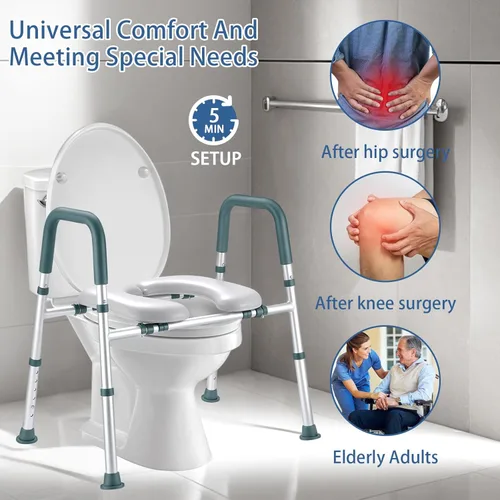 Miniatura 7 de Asiento de inodoro elevado con asas, elevador de asiento de inodoro elegible para personas mayores con altura y ancho ajustables, asiento de inodoro