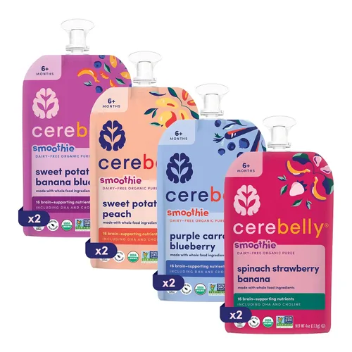 Miniatura 15 de Cerebelly Bolsas de comida orgánica para bebés, batidos de zanahoria morada y arándanos sin lácteos, 16 nutrientes, sin azúcar añadido, fibra y sin