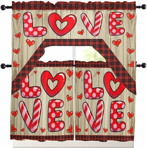 Miniatura 13 de Cortinas de Gnomos de San Valentín con Cenefa para Cocina, Cortinas con Bolsillo para Barra para Dormitorio, Sala de Estar, Baño, Cafetería, Negro