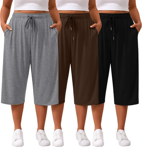 Miniatura 13 de Paquete de 3 pantalones capri de talla grande para mujer, ajuste holgado, pierna ancha, pantalones recortados para yoga, descanso, entrenamiento