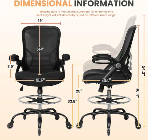 Miniatura 2 de HYLONE Silla de dibujo ajustable, silla de oficina alta, soporte lumbar, silla de escritorio ergonómica de pie, taburete de dibujo alto resistente