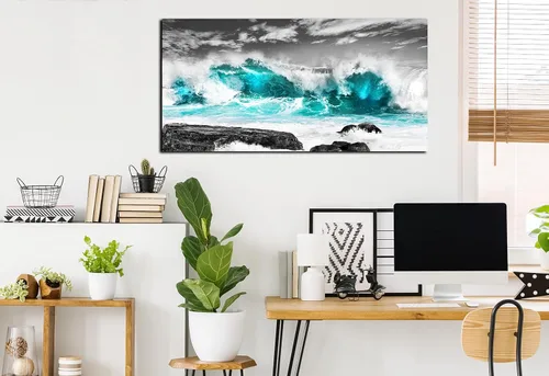 Miniatura 2 de Lienzo de playa para pared, pintura de océano, decoración de pared verde azulado para sala de estar, listo para colgar, tamaño 40 x 20 pulgadas