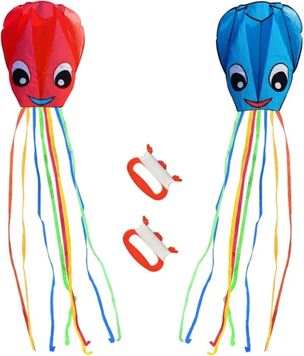 Paquete de 2 cometas de pulpo grandes sonrientes mejoradas, fáciles de volar, cometas largas y coloridas para niños y adultos, actividades al aire