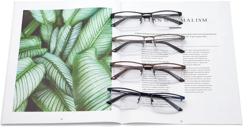 Miniatura 8 de HIGHLIKE Gafas de lectura con luz azul para hombre, lentes de lectura de medio marco de metal, bisagra de resorte, lentes transparentes con bolsas