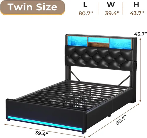 Miniatura 2 de HAUOMS Cama Twin con Cabecera de 3 Niveles y Almacenamiento Oculto, Marco LED Tapizado con 4 Cajones y Estación de Carga, Cama de Plataforma de Pu