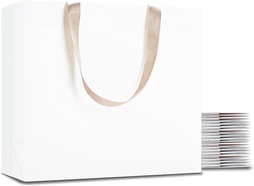 Miniatura 24 de Bolsas de regalo blancas con asas, 10 bolsas pequeñas de papel blanco de 5.25 x 3.75 x 8 pulgadas con asas de cinta, bolsa de compras de papel kraft