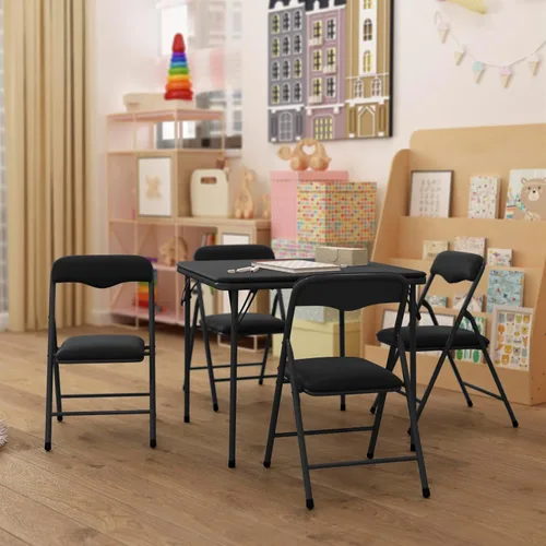 Miniatura 5 de HBCY Creations Juego de mesa y sillas plegables para niños de 5 piezas, diseño negro, ligero y portátil, función de bloqueo de seguridad, asientos