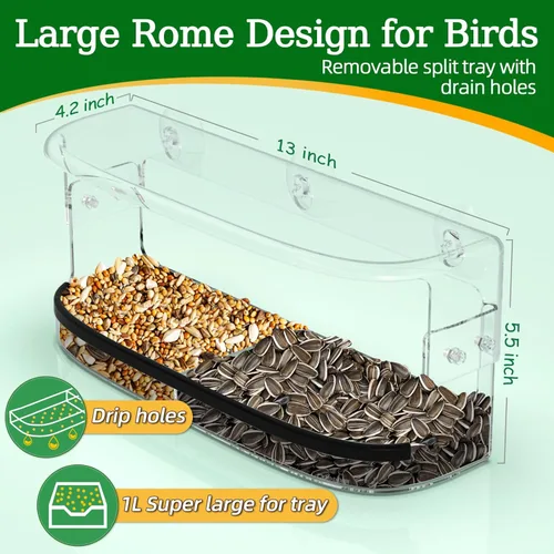 Miniatura 2 de Ermete Comedero para pájaros de ventana con ventosas fuertes, alimentador transparente de visión grande, bandeja de semillas, 13 x 5.5 x 4.2