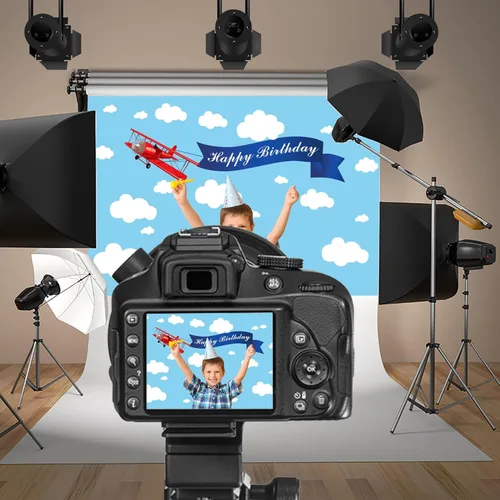 Miniatura 2 de Telón de fondo de 5 x 3 pies con diseño de avión rojo, diseño de dibujos animados, cielo azul, nubes blancas, feliz cumpleaños, fotografía, fondo