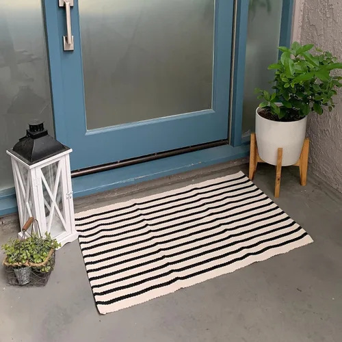 Miniatura 9 de KIMODE - Alfombra de algodón tejida con diseño a rayas en color negro, para puerta de entrada, cocina, decoración de estilo rústico