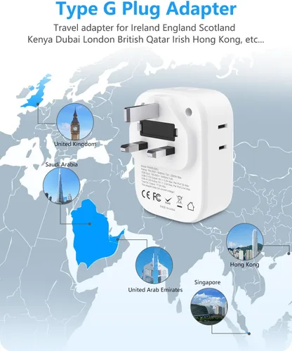 Miniatura 2 de LENCENT Paquete de 2 adaptadores de enchufe de viaje de Estados Unidos a Reino Unido Irlanda, adaptador tipo G para viajes con 4 tomas, 4 puertos