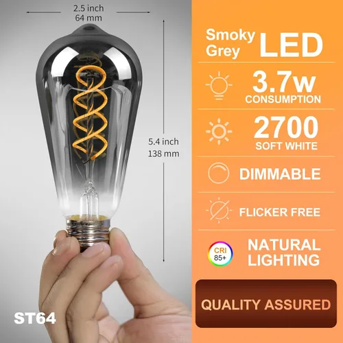 Miniatura 2 de E26 ST64 - Bombillas Edison vintage, vidrio recubierto de gris ahumado, regulable, 4 W (equivalente a 20 W) 150 lúmenes, blanco suave de 2700 K