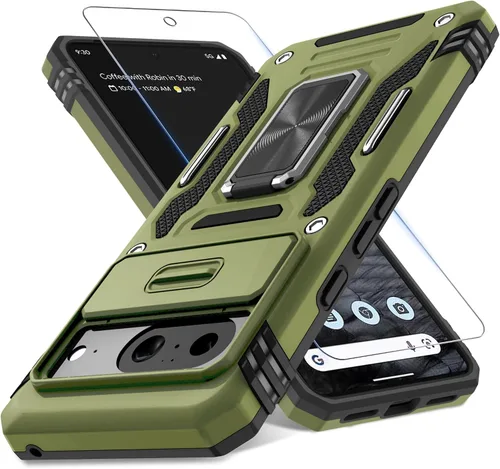 Miniatura 10 de DEERLAMN Funda para Google Pixel 8 con cubierta deslizante para cámara + protector de pantalla (1 paquete), soporte de anillo giratorio grado