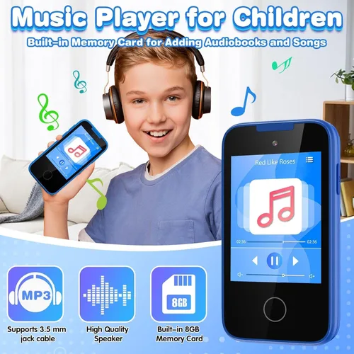 Miniatura 4 de Relojes de teléfono para niños y juguetes para niños de 3 a 8 años, teléfono de juguete con cámara doble, reproductor de música MP3, juegos, Azul