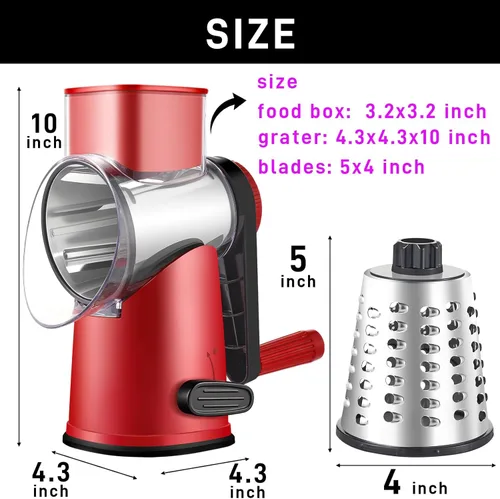 Miniatura 8 de Weltonhm Ralladores rotativos de queso con 4 cuchillas, rallador de queso de manivela con rebanador de waffles, rallador de queso rojo, negro y Rojo