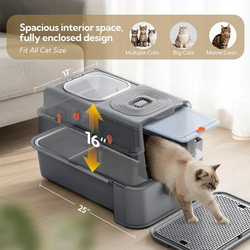 Miniatura 4 de Soulbond Caja de arena de acero inoxidable para gatos con tapa, caja de arena de metal grande cerrada con cajón y puerta abatible para gatos