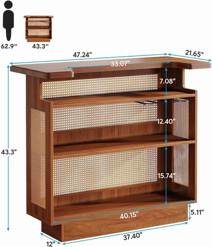 Miniatura 2 de Tribesigns: unidad de bar para el hogar de ratán, mesa de bar de 4 estantes estilo granja con 4 portavasos y base elevada, gabinete de bar