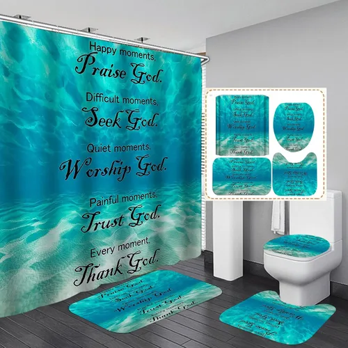 Miniatura 17 de Juego de 4 cortinas de ducha con citas inspiradoras, escaleras de arte en blanco y negro, decoración de baño motivacional para hombres, cortina