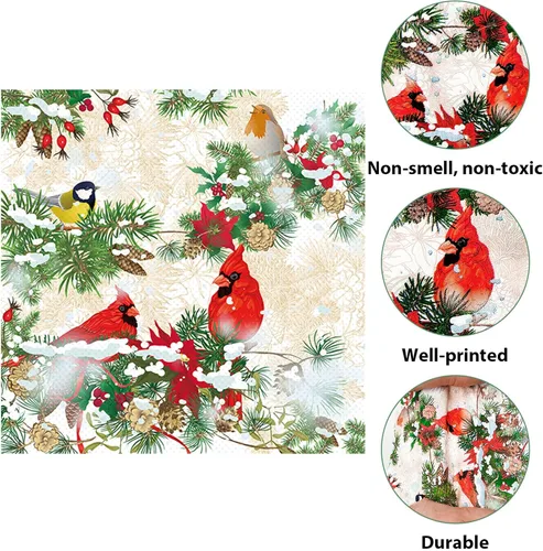 Miniatura 4 de 50 servilletas de Navidad cardenal para invitados, paquete de papel desechable de 3 capas, paquete de papel rojo cardenal pájaro de papel, almuerzo
