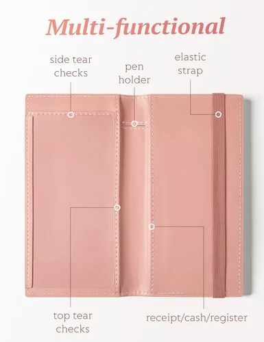 Miniatura 35 de Yarnic Funda para chequera personal, soporte para chequera con soporte para bolígrafo y divisor de plástico transparente integrado para cheques Rosa