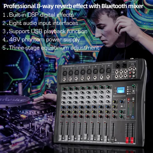 Miniatura 8 de Depusheng DT8 Mezclador profesional, tablero de sonido, consola de 8 canales, interfaz de sistema de escritorio, USB digital, entrada de computadora