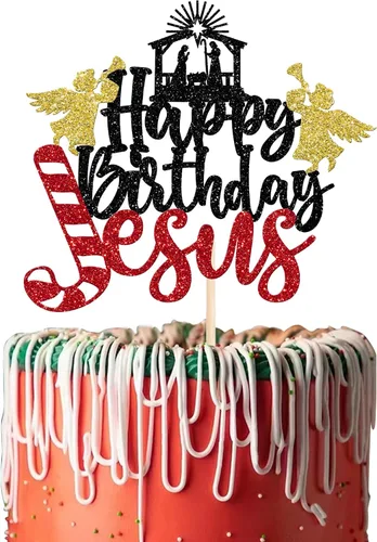 Rsstarxi 1 Paquete Decoración para Pastel Feliz Cumpleaños Jesús con Purpurina Natividad Navidad Palillo para Pastel Decoraciones de Pastel de