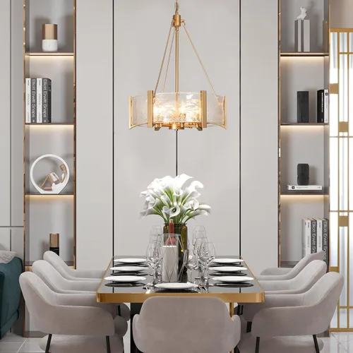 Miniatura 3 de ZEVNI Candelabro de tambor dorado, lámpara de cristal dorado para isla de cocina, lámpara moderna de 6 luces para comedor, entrada, vestíbulo