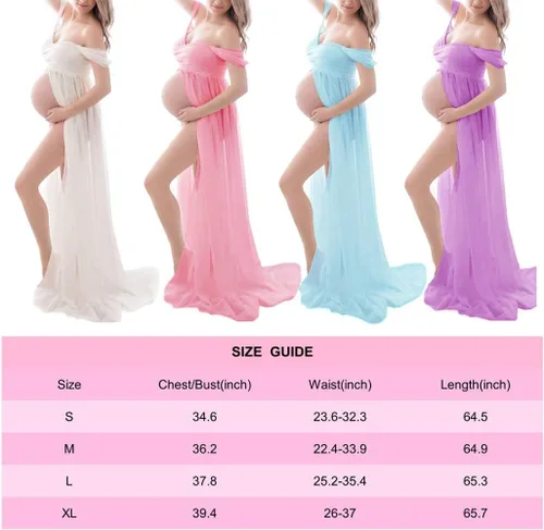 Miniatura 6 de ZIUMUDY Vestido de gasa de maternidad con hombros descubiertos para sesión de fotos, vestido largo de encaje frontal dividido para fotografía