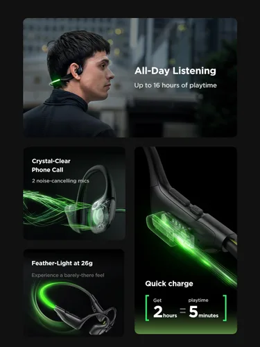 Miniatura 6 de HAKII Light 2 Auriculares abiertos de oído abierto, IPX5 Auriculares para correr con cuerda de baliza ultra brillante de 180°, BT 6.0, tiempo