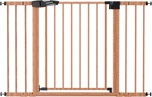 Babelio Puerta de metal para bebés de 29 a 48 pulgadas con patrón de madera marrón, puerta de perro de cierre automático PressGuard P7 para la casa,