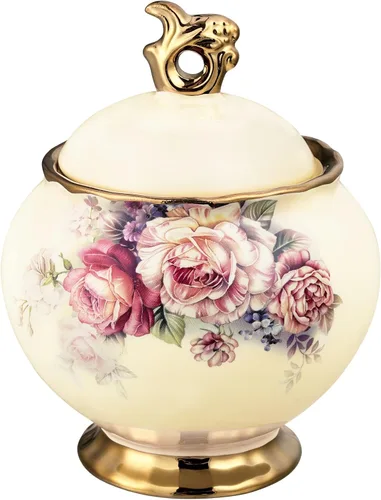 fanquare Azucarero de porcelana vintage con tapa, tarro de azúcar grande de cerámica de 12 onzas con tapa, soporte de azúcar de porcelana floral