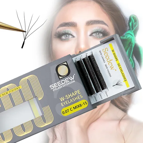 Miniatura 75 de Extensiones de pestañas con doble punta 3D, rizo D de 0.003 in, mezcla de 0.315-0.591 in, 12 filas por bandeja, tallo plano 3DD en forma de W