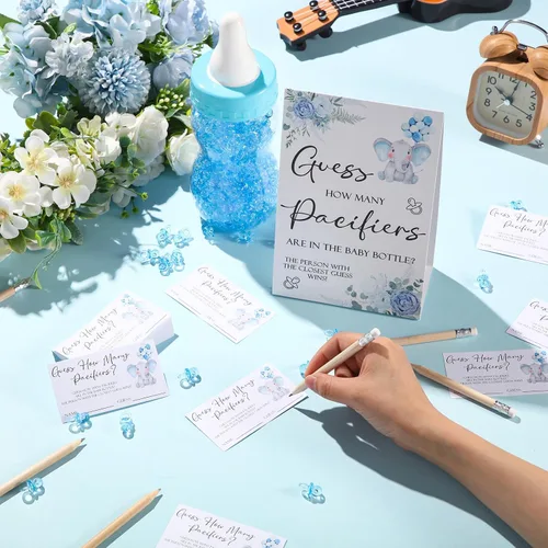 Miniatura 5 de Roowest 512 piezas de juegos de baby shower Adivina cuántos chupetes firman 100 pequeños juegos de adivinanzas, 10 lápices HB, botella de leche
