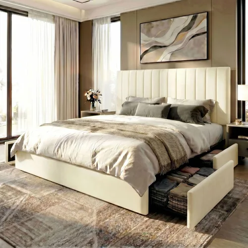 Miniatura 10 de SHA CERLIN Base de cama de plataforma tamaño matrimonial con 4 cajones de almacenamiento, cabecera acolchada vertical con diseño acanalado