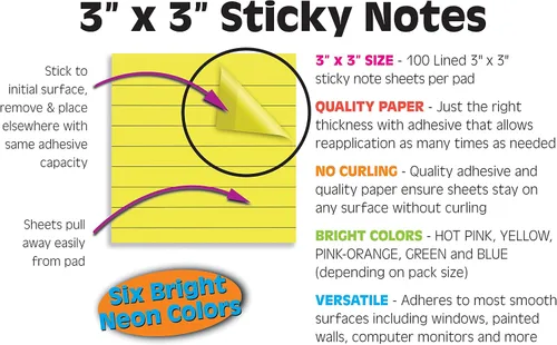 Miniatura 3 de Better Office Products Notas adhesivas forradas de 3 x 3, caja de 20 unidades, 2,000 hojas (100/bloc), notas autoadhesivas con líneas