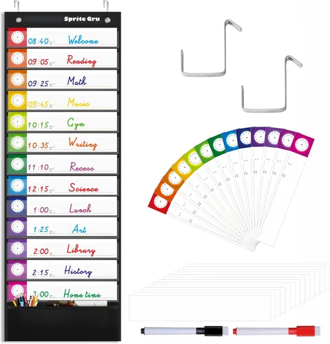Tabla de bolsillo para horario diario, tablas de aula con 13+1 bolsillos, 13 tarjetas de colores reutilizables de doble cara, 13 en blanco y 2