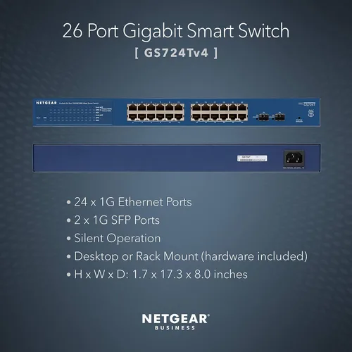 Miniatura 2 de NETGEAR - Conmutador inteligente Gigabit Ethernet de 26 puertos (GS724Tv4) - Administrado, con 24 x 1G, 2 x 1G SFP, montaje en escritorio o rack