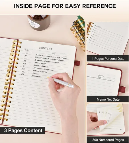 Miniatura 5 de Cuaderno grande en espiral para mujeres y hombres, 300 páginas rayadas numeradas, con rayas universitarias, cuaderno encuadernado en espiral de tapa