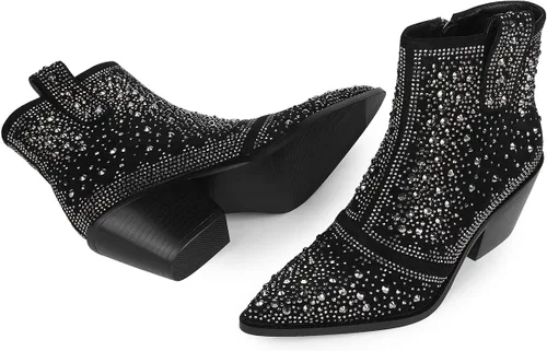 Miniatura 3 de ISNOM Botas vaqueras con diamantes de imitación, botines brillantes con punta puntiaguda y diseño de tacón grueso