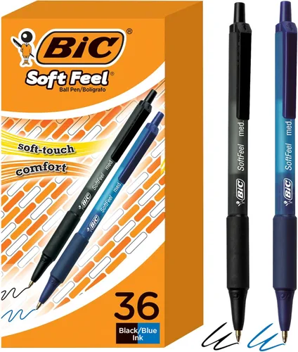 BIC Soft Feel - Bolígrafo retráctil, punta media (0.04 pulgadas), agarre cómodo y suave al tacto, ideales para tomar notas, colores surtidos (negro
