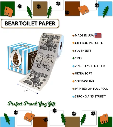 Miniatura 3 de Printed TP Beware of Bear Poop - Papel higiénico impreso para broma, sorpresa, decoración de baño, regalo novedoso para hombres, mujeres, amigos