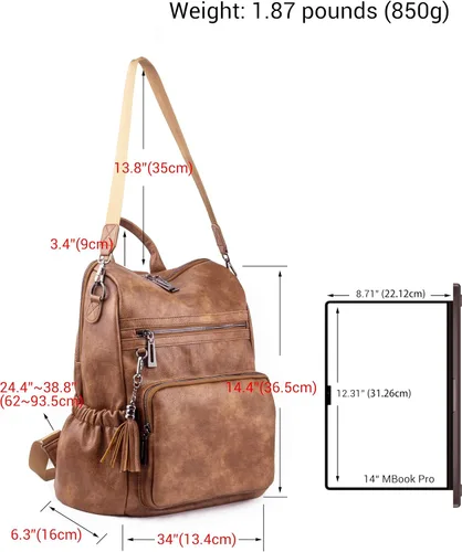Miniatura 6 de Mochila de cuero para mujer, diseño de moda, bolsa de hombro convertible con borlas, Marrón, Mochilas Tote