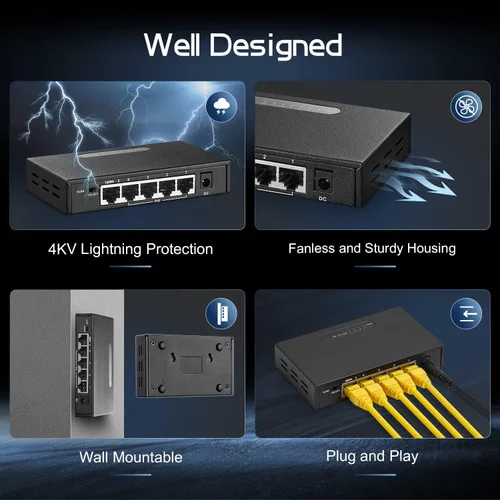 Miniatura 6 de Binardat Conmutador POE Gigabit de 5 puertos, 4 puertos 1000Mbps IEEE802.3af/at, 1 Uplink, Fuente de alimentación de 65W, Mini caja de metal