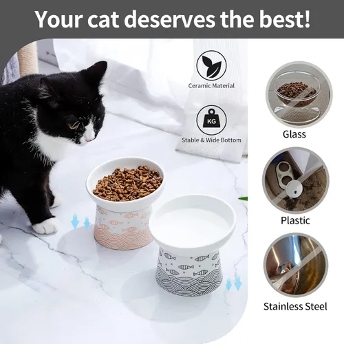 Miniatura 7 de Juego de 2 cuencos elevados de cerámica inclinados para gatos y perros pequeños, platos elevados de porcelana para alimentación sin estrés