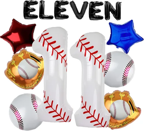 Miniatura 13 de Juego de globos de béisbol de 40 pulgadas, decoraciones de fiesta de cumpleaños número 10 para niños, globo de béisbol número 10 para suministros