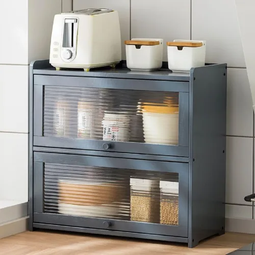 Miniatura 12 de Armario de almacenamiento de bambú de 3 niveles, aparador de encimera de despensa de cocina con estante organizador de puerta abatible